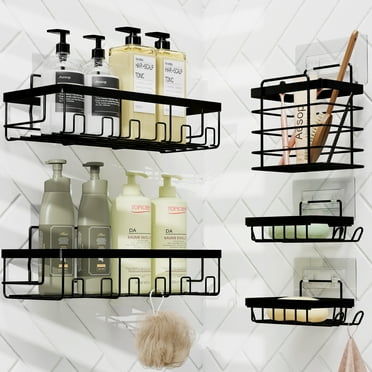 Virtu 5 Pack Adhesive Shower Caddy Organizer, Heavy Duty No Drilling Wall Mounted Bathroom Organizer Basket, Black