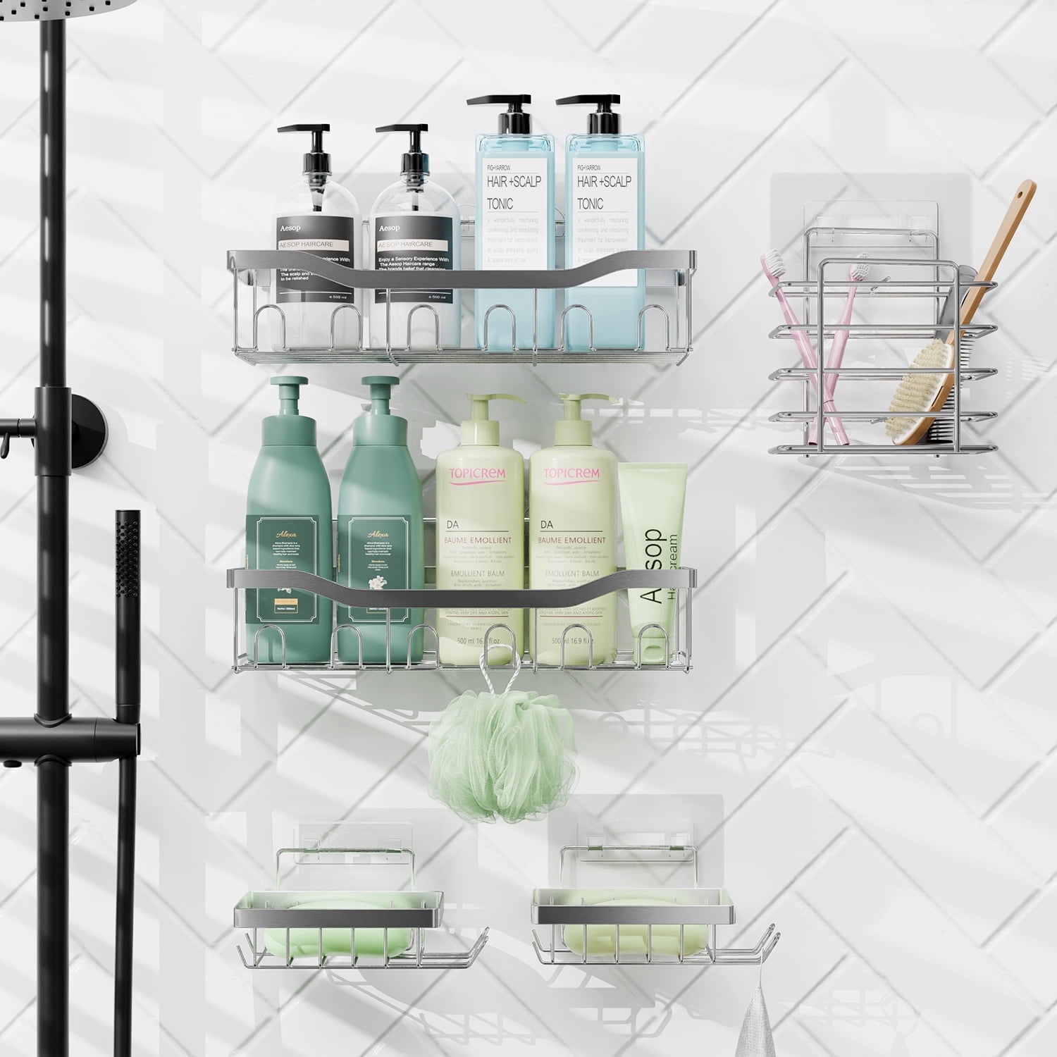 Virtu 5 Pack Adhesive Steel Shower Caddy Organizer, Heavy Duty Stainless Steel Rustproof Shower Caddy, Silver Chrome