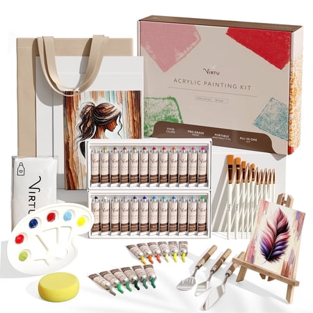 Virtu 58pc Acrylic Paint Kits, 36 Pack - 12 ML Multicolor Matte Acrylic Paint Set with Apron, Easle, 4 Canvases, 10 Brushes and More