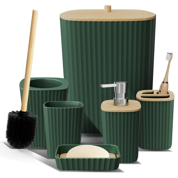 Virtu 6 Piece Bamboo Bathroom Sets, Hunter Green Bathroom Accessories Set for Minimalistic Bathroom Décor
