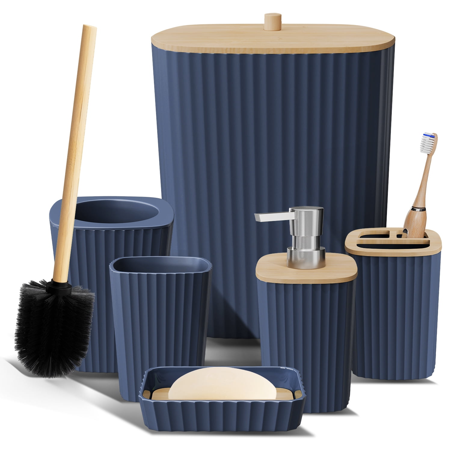 Hearth & Harbor 6 Piece Bamboo Bathroom Sets, Navy Blue Bathroom Accessories Set for Minimalistic Bathroom Décor