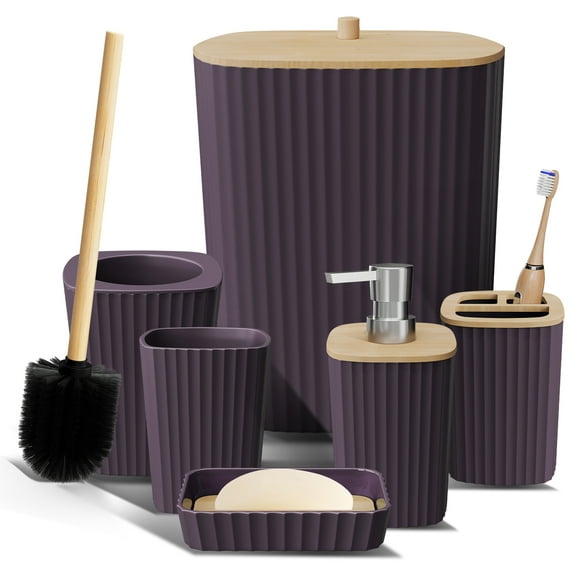 Virtu 6 Piece Bamboo Bathroom Sets, Purple Bathroom Accessories Set for Minimalistic Bathroom Décor