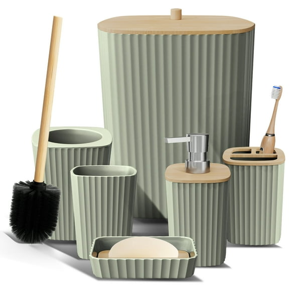 Virtu 6 Piece Bamboo Bathroom Sets, Sage Green Bathroom Accessories Set for Minimalistic Bathroom Décor