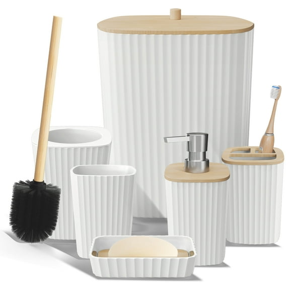 Virtu 6 Piece Bamboo Bathroom Sets, White Bathroom Accessories Set for Minimalistic Bathroom Décor