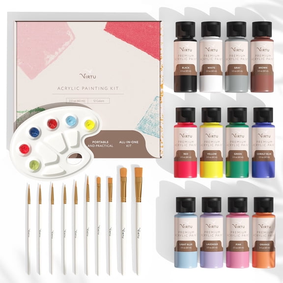 Virtu Acrylic Paint Set for Craft Paint Art and Crafts Supplies, 12 Colors (2oz/60ml) Matte Finish Acrylic Paints with 10 Brushes and Painting Pallet