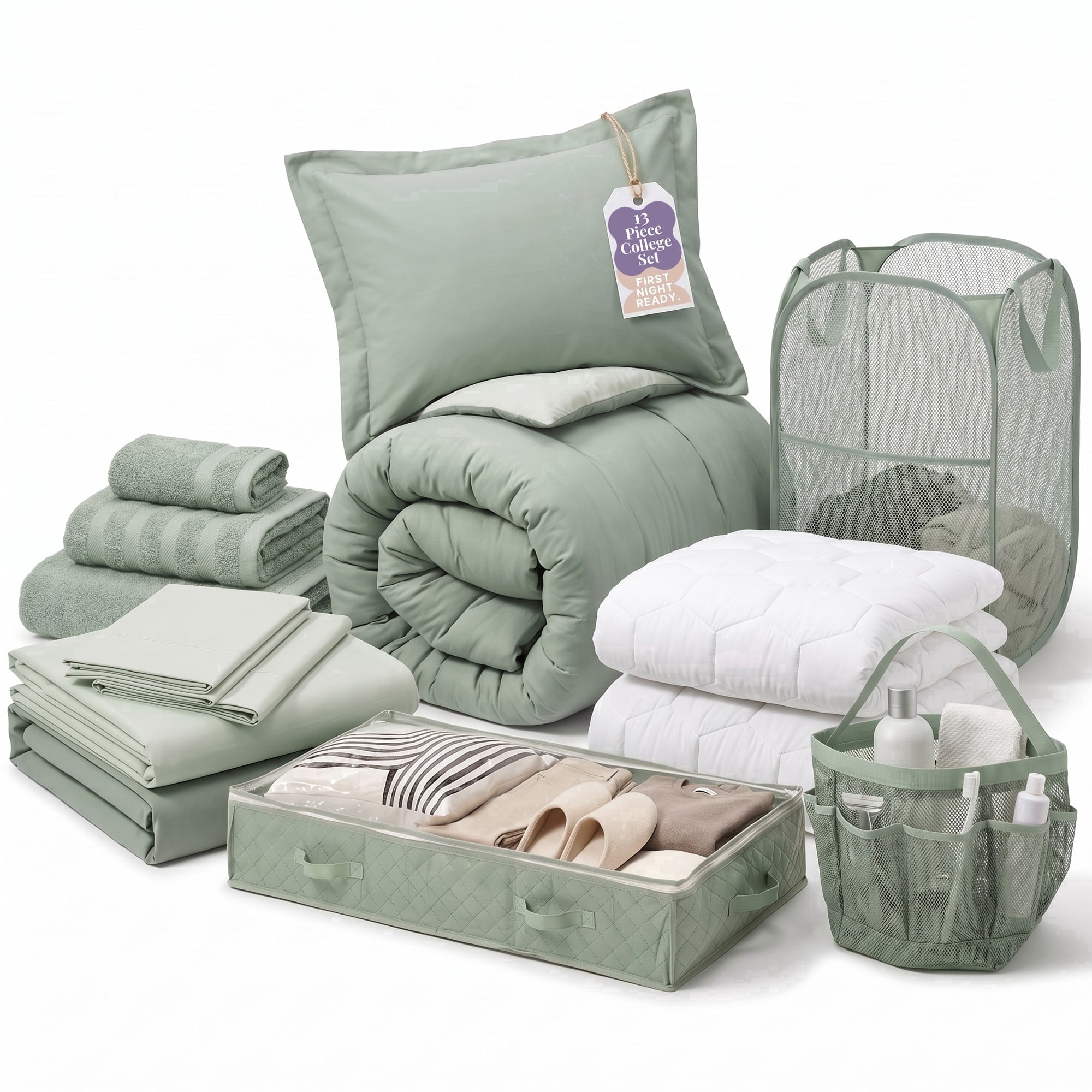 Virtu Back to College Dorm Room Essentials, Twin XL Comforter Sets, Dorm Bedding, Twin Xl Bed In a Bag with All Dorm Accessories and Bedding, Sage Green