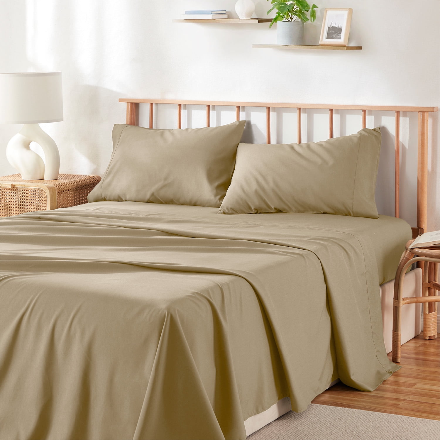 Walmart sales :  Virtu Bed Sheets Set, Deep Pocket Rayon Derived Bamboo & Microfiber Cooling 4 Piece Queen Sheets sets, Warm Sand