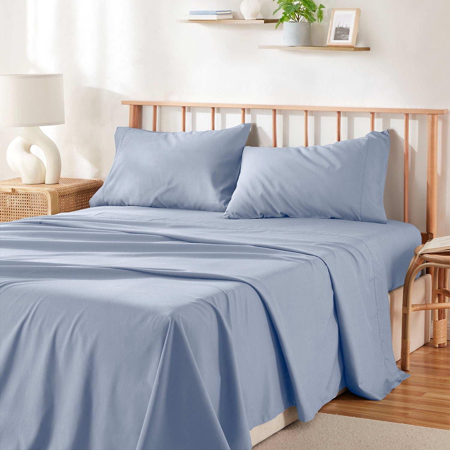 Walmart Deal of Virtu Bed Sheets Set, Deep Pocket Rayon Derived from Bamboo & Microfiber Cooling 4 Piece Queen Sheets sets, Ice Blue
