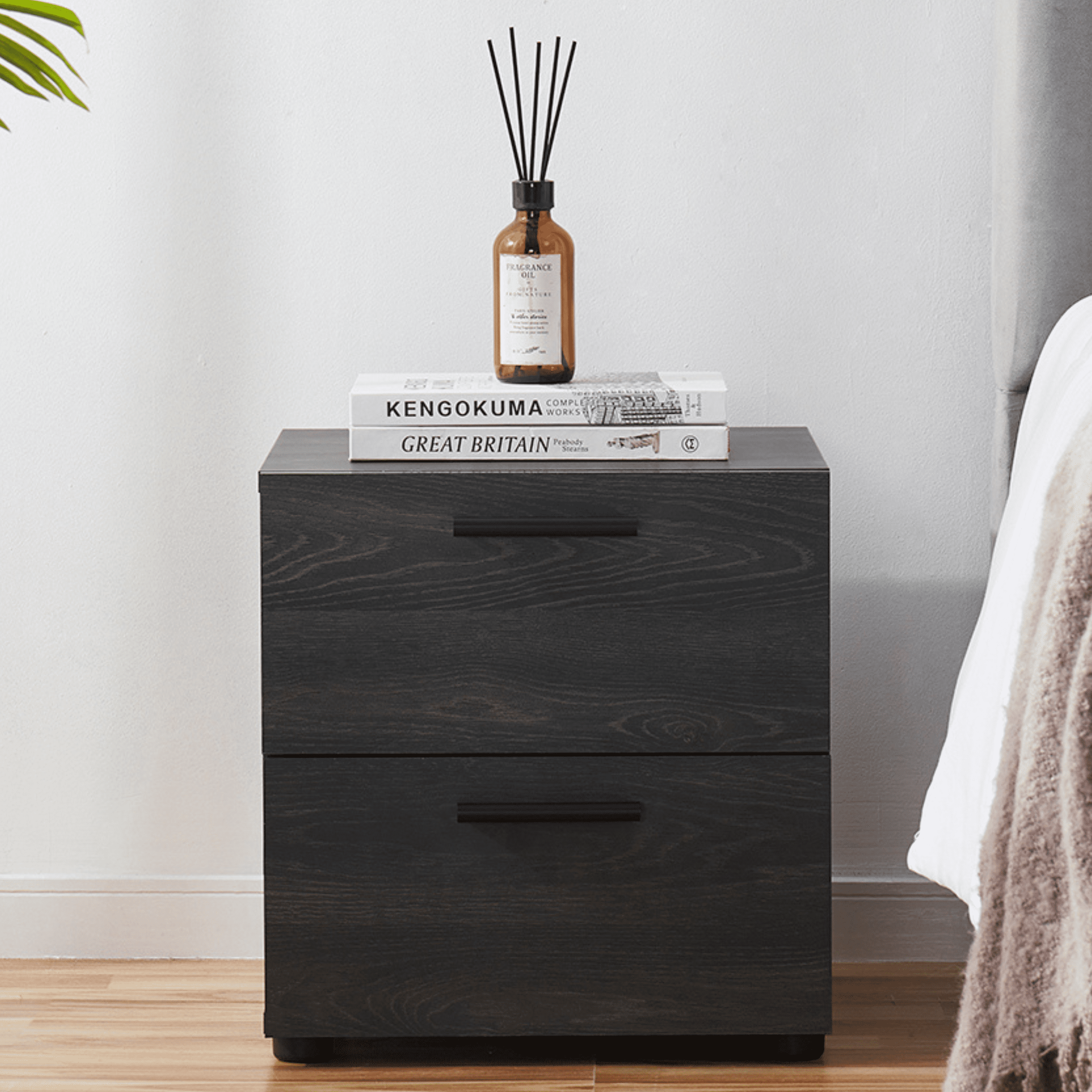 Bryt Black 2-Drawer Wood Nightstand with Steel Legs