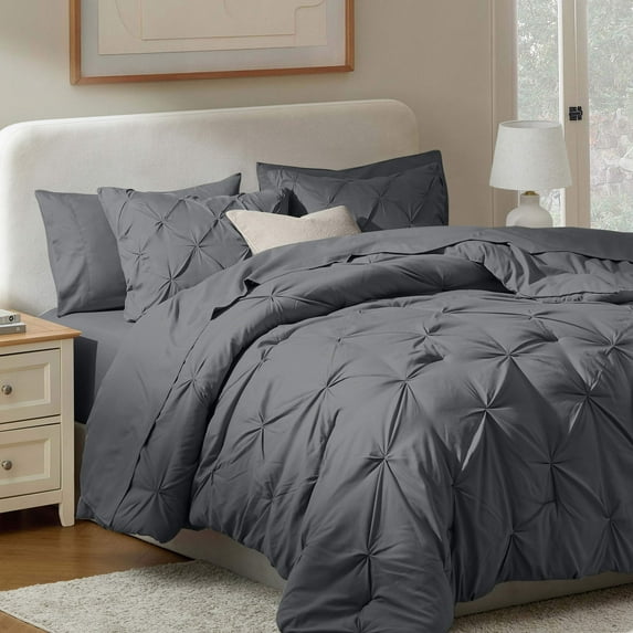 Virtu California King Comforter Set, Bed In A Bag 7 Pc Pleated Bedding Set, Dark Grey