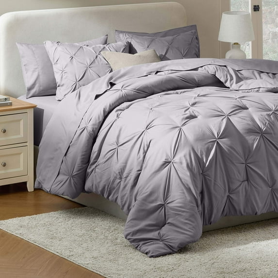 Virtu California King Comforter Set, Bed In A Bag 7 Pc Pleated Bedding Set, Grayish Lavender