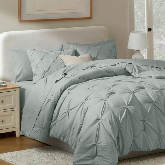 Virtu California King Comforter Set, Bed In A Bag 7 Pc Pleated Bedding Set, Light Sage
