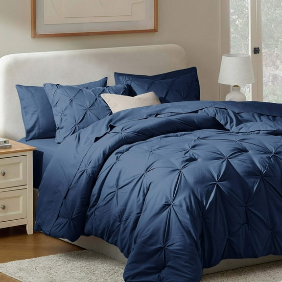 Virtu California King Comforter Set, Bed In A Bag 7 Pc Pleated Bedding Set, Navy