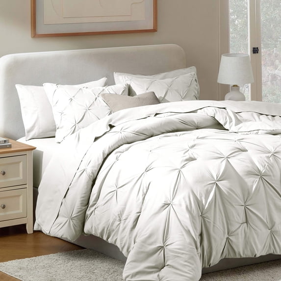 Virtu California King Comforter Set, Bed In A Bag 7 Pc Pleated Bedding Set,Off White