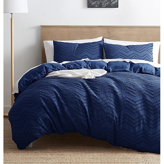 Virtu Comforter Sets, Chevron Duvet Cover Set With Insert and Pillow Shams, 3-Pc All Season Bedding Comforter Set, Twin Navy