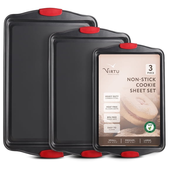 Virtu Bakeware Sets, 3 PC Baking Pan Set - Carbon Steel Baking Set with Silicone Handles Cookie Sheet Nonstick Sets - Black