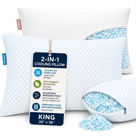 Virtu Cooling Memory Foam Pillows for Bed King Size 2 Pack, Temperature Regulating King Pillows, Adjustable Shredded Gel-Infused, Reversible, 20" x 36"