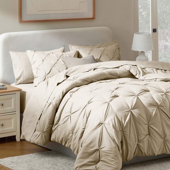 Virtu Full Comforter Set, 7pc Bed in a Bag, Pleated Bedding Comforter Sets with Sheets, Beige
