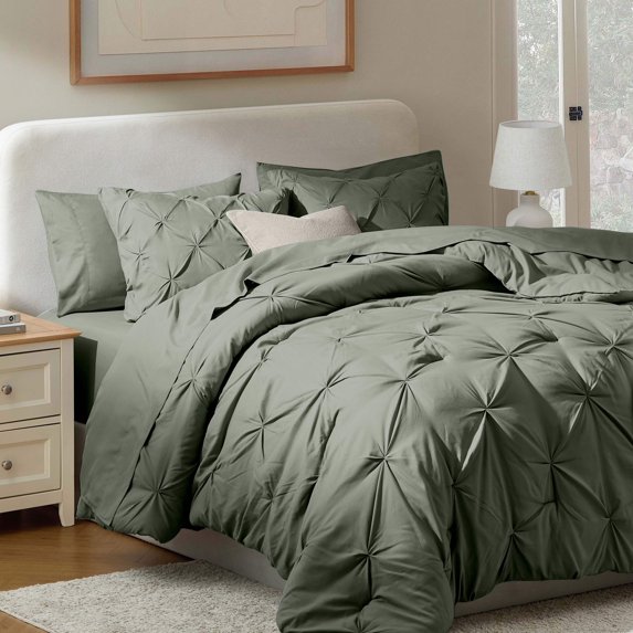 Virtu Full Comforter Set, 7pc Bed in a Bag, Pleated Bedding Comforter Sets with Sheets, Olive Green