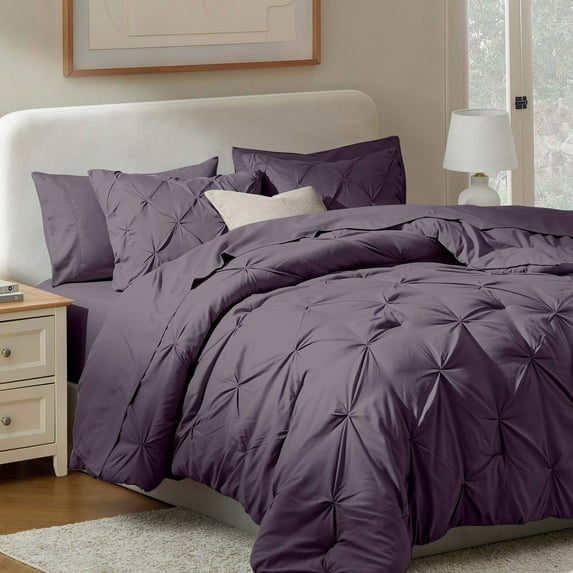 Virtu Full Comforter Set, 7pc Bed in a Bag, Pleated Bedding Comforter Sets with Sheets, Purple