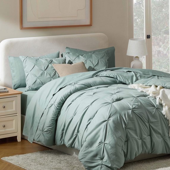 Virtu Full Comforter Set, 7pc Bed in a Bag, Pleated Bedding Comforter Sets with Sheets, Sage Green