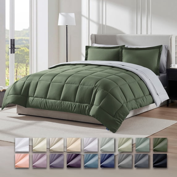 Virtu Full Size Comforter Setss, 7 Piece Bed in a Bag, Reversible Bedding Comforter Sets with Sheets, Olive Green