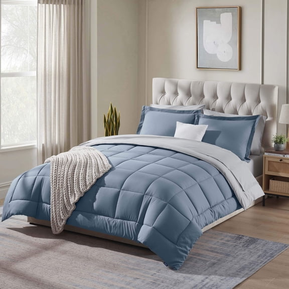 Virtu Full Size Comforter Setss, 7 Piece Bed in a Bag, Reversible Bedding Comforter Sets with Sheets, Stone Blue