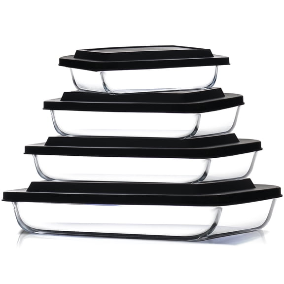 Virtu Casserole Glass Baking Dish, 4pc Stackable Glass Storage Containers with Airtight Lids and Grip Handles, Black
