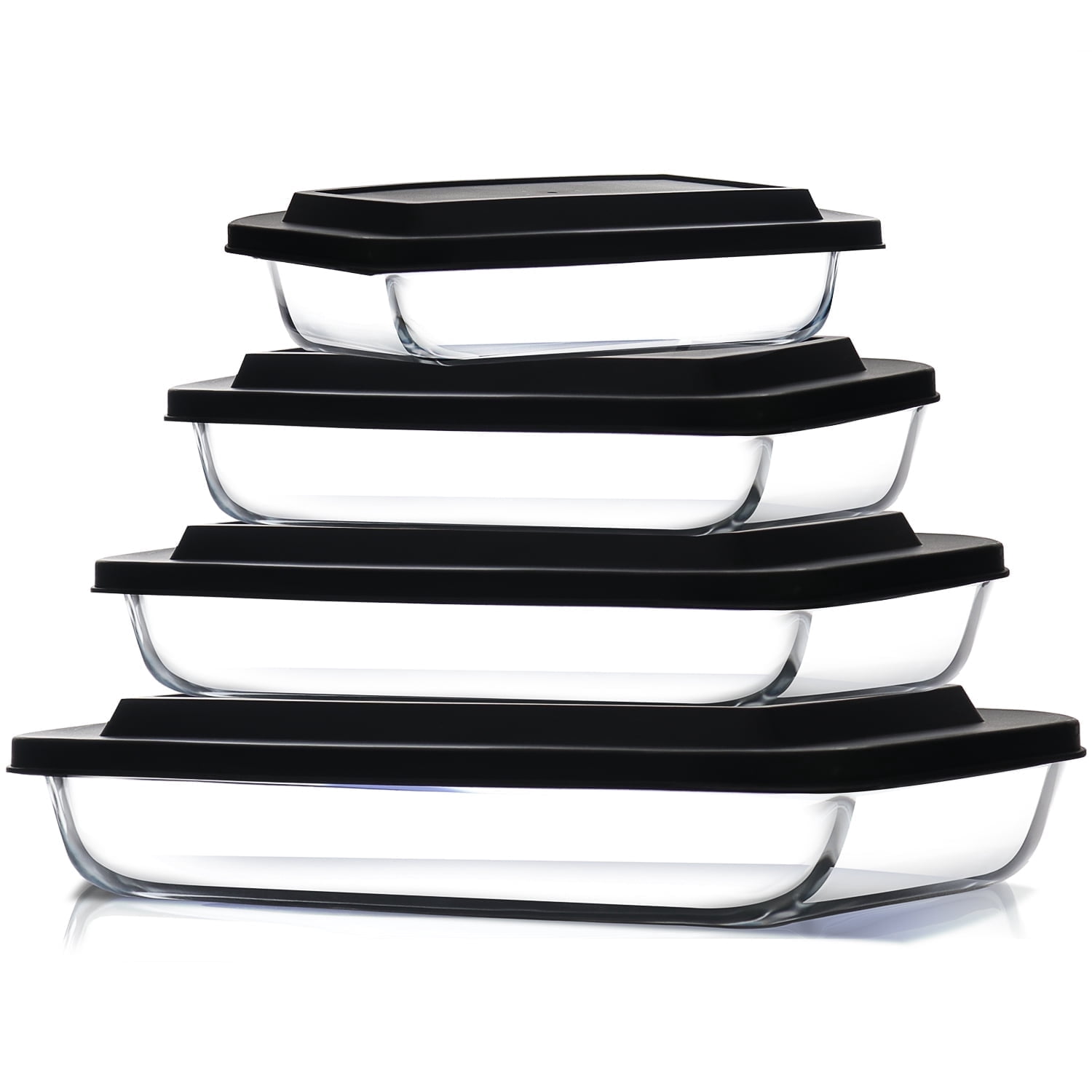 Virtu Casserole Glass Baking Dish, 4pc Stackable Glass Food Storage Containers with Airtight Lids and Grip Handles, Black