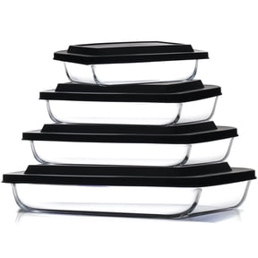 Virtu Casserole Glass Baking Dish, 4pc Stackable Glass Food Storage Containers with Airtight Lids and Grip Handles, Black