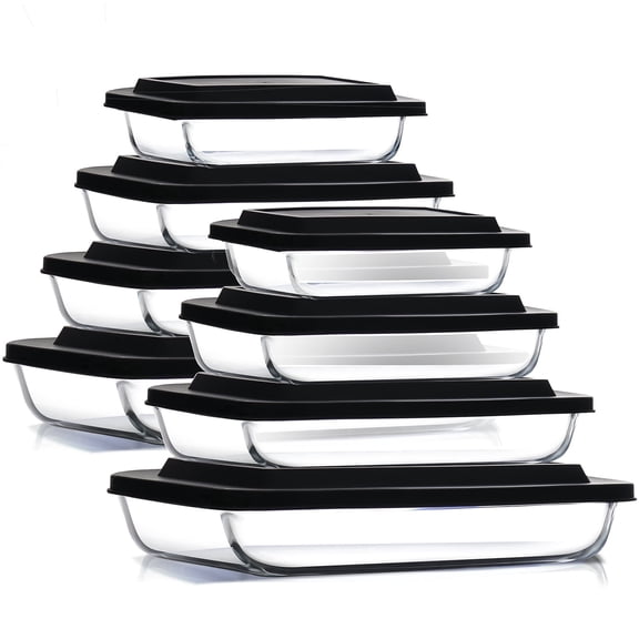 Virtu Casserole Glass Baking Dish, 8pc Stackable Glass Food Storage Containers with Airtight Lids and Grip Handles, Black
