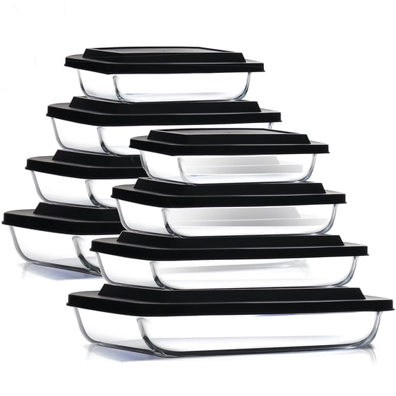 Virtu Casserole Glass Baking Dish, 8pc Stackable Glass Storage Containers with Airtight Lids and Grip Handles, Black
