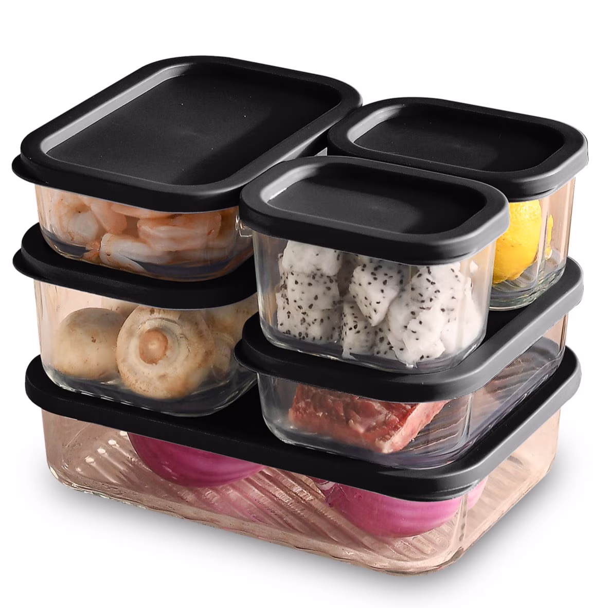 Virtu Glass Food Storage Containers, Grooved Base 12pc Glass Storage Containers with Lids, Microwave, Freezer & Oven Safe Meal Prep, BPA Free, Black