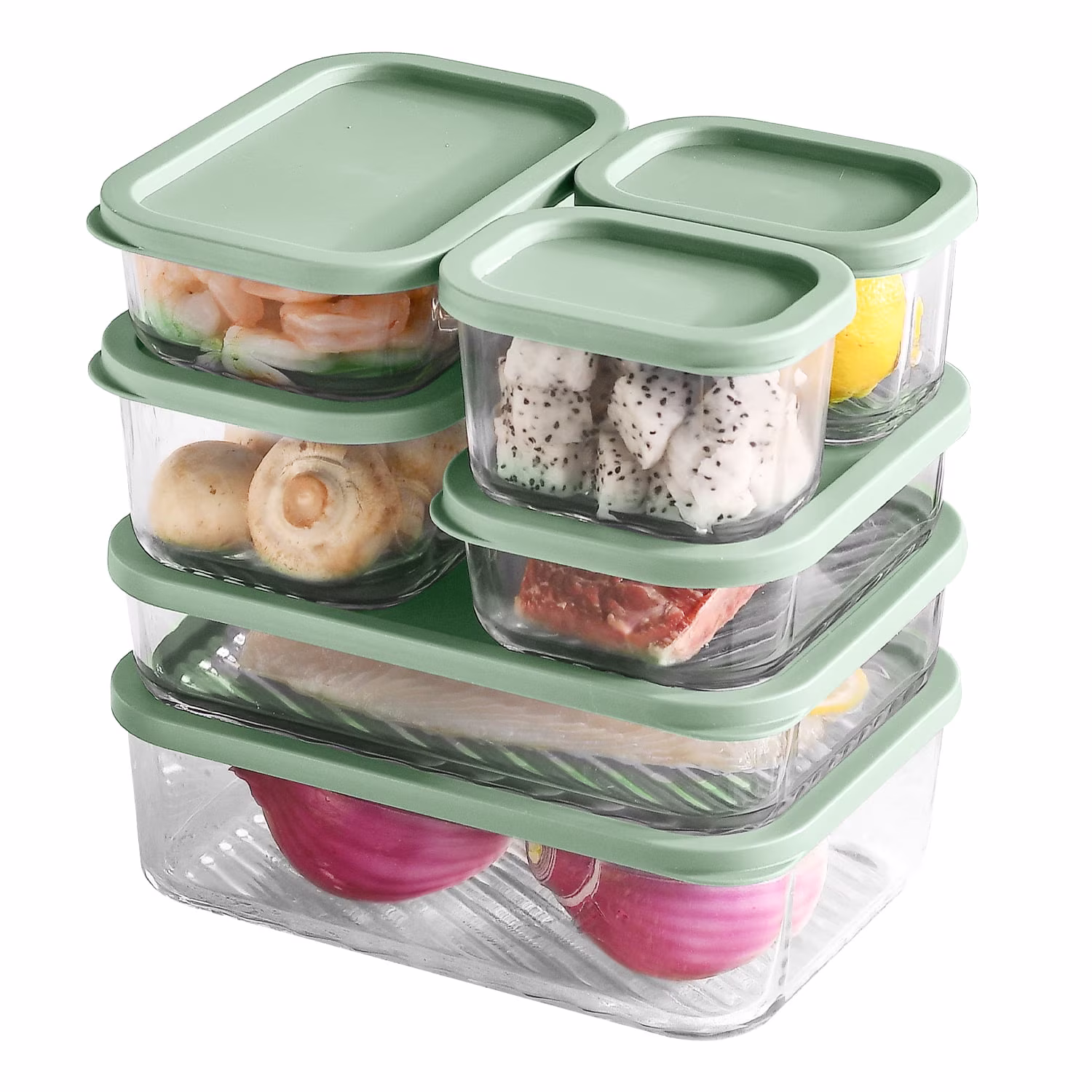 Virtu Glass Food Storage Containers, Grooved Base 14pc Glass Storage Containers with Lids, Microwave, Freezer & Oven Safe Meal Prep, BPA Free, Sage