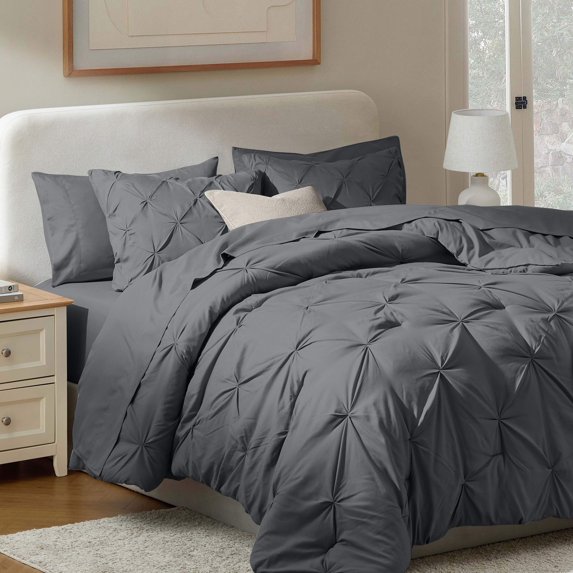 Virtu King Comforter Set, 7pc Bed in a Bag, Pleated Bedding Comforter Sets with Sheets, Dark Grey