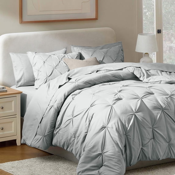 Virtu King Size comforter sets Bed in a Bag, 7pc Pleated King Bed Set, King Comforter Sets with Sheets, Light Grey