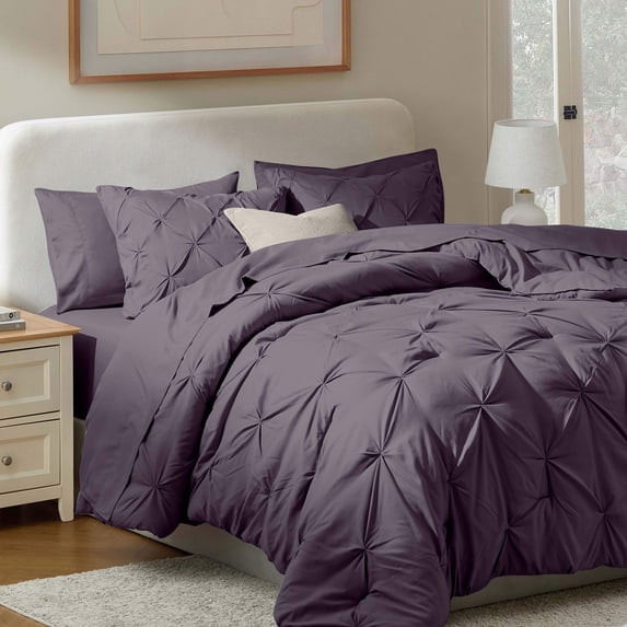 Virtu King Comforter Set, 7pc Bed in a Bag, Pleated Bedding Comforter Sets with Sheets, Purple