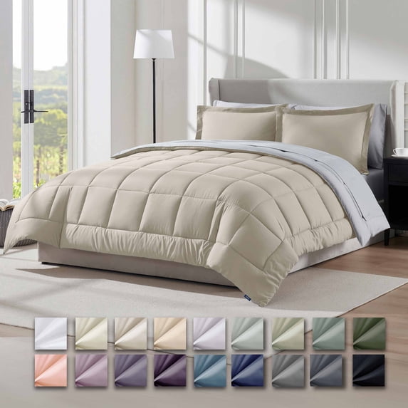 Virtu King Size comforter sets Bed in a Bag, 7 Piece Reversible Bedding Comforter Sets with Sheets, Beige