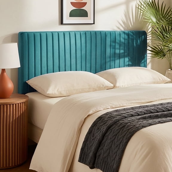 Virtu King Headboard No Tools Required Peel and Stick Upholstered Velvet Bed Headboard Only, Teal Blue