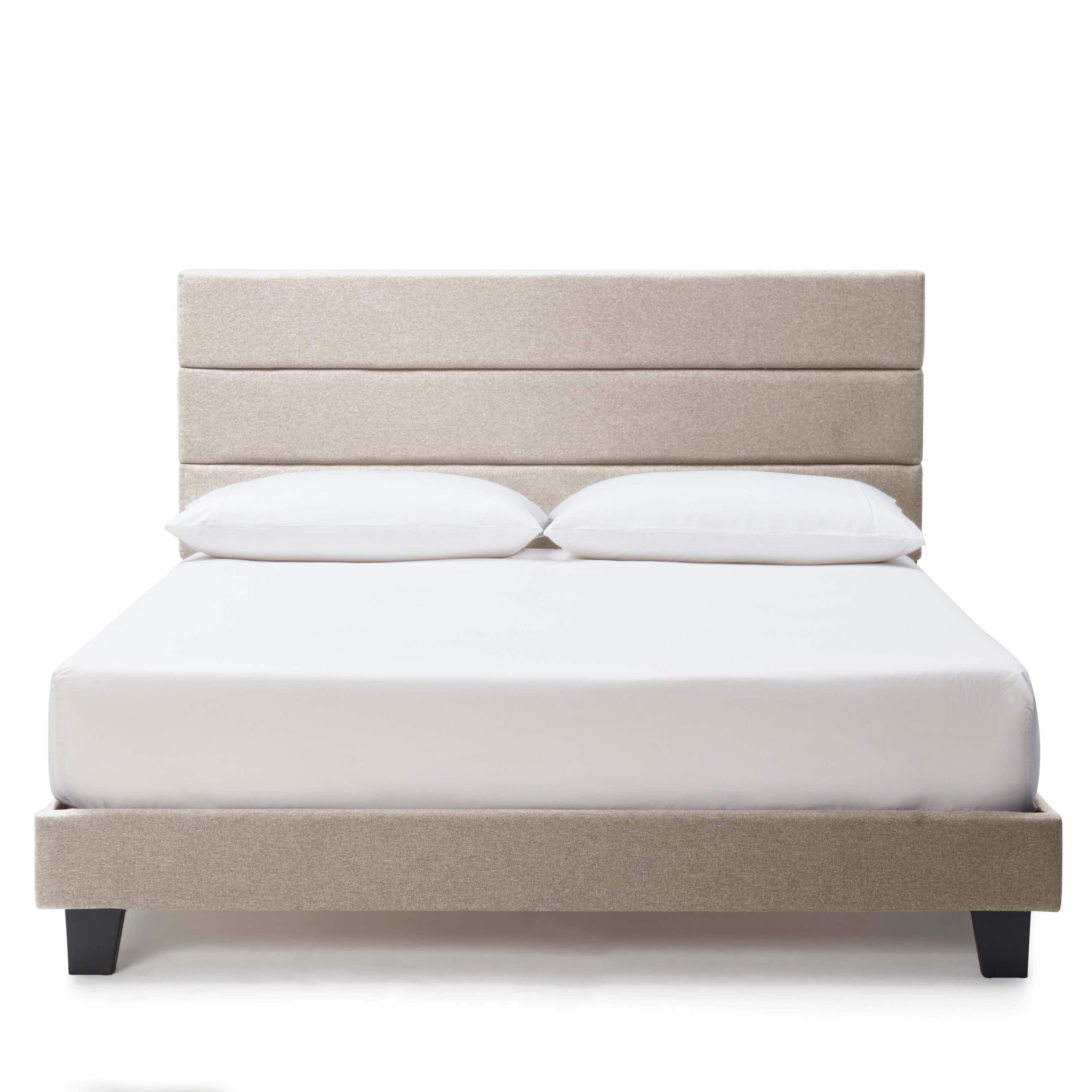 Beige Linen Upholstered King Platform Bed with Tufted Headboard