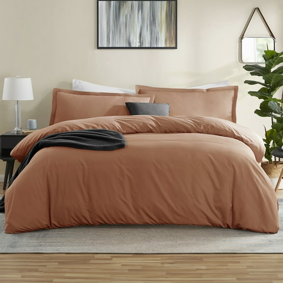 Virtu Luxury 3-Pieces Rust Orange Brown Solid Print Duvet Bedding Sets, King