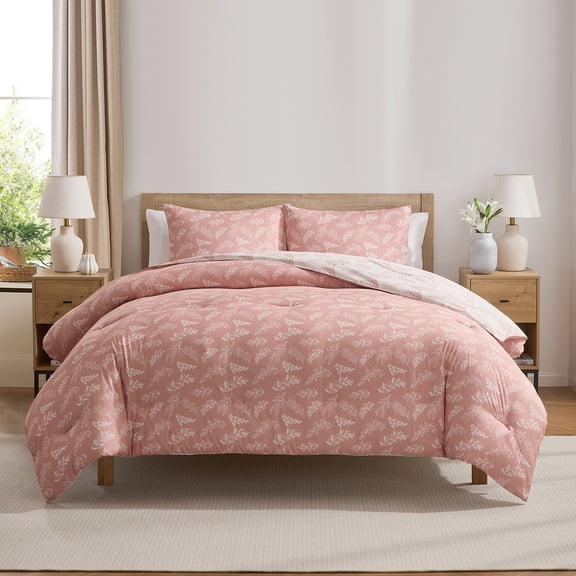 Virtu Comforter Sets, All Season Lightweight Botanical Full Size Comforter Sets, 3-Pc Bedding Sets, Bali Blush/Porcelain Glow
