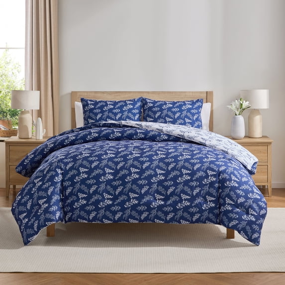 Virtu Comforter Sets, All Season Lightweight Botanical Full Size Comforter Sets, 3-Pc Bedding Sets, Majestic Blue/Cloud Stone