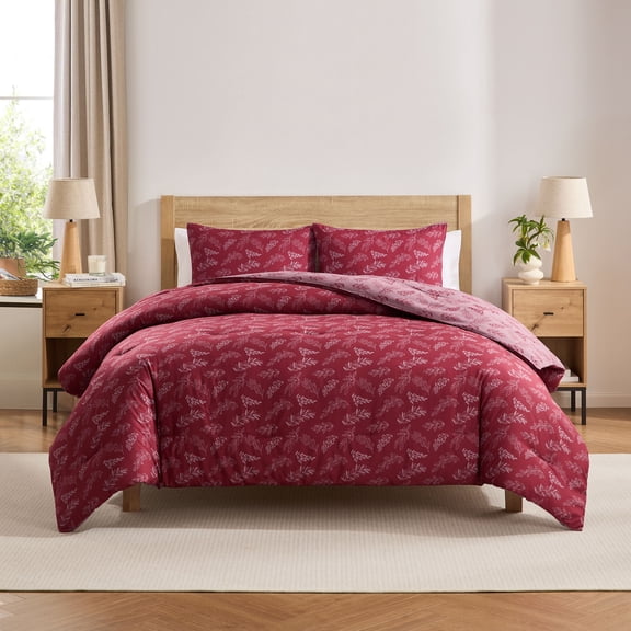 Virtu Comforter Sets, All Season Lightweight Botanical Queen Comforter Set, 3-Pc Bedding Sets, Mulberry/Smokey Lavender