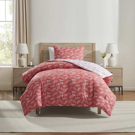 Virtu Comforter Sets, All Season Lightweight Botanical Twin Comforter Set, 2-Pc Bedding Sets, Flamingo Pink/Cloudstone