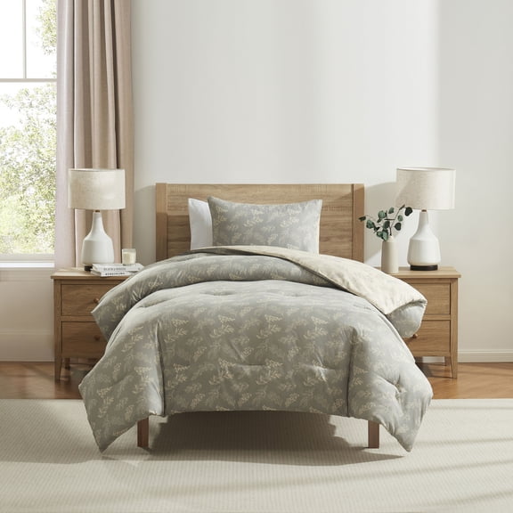 Virtu Comforter Sets, All Season Lightweight Botanical Twin Comforter Set, 2-Pc Bedding Sets, Lunar Grey/Pale Champagne