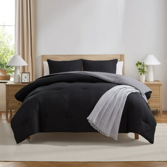 Virtu Comforter Sets, All Season Lightweight Reversible King Size Comforter Sets, 3-Pc Bedding Sets, Black/Charcoal gray