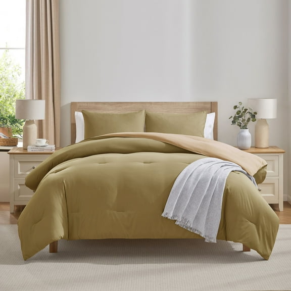 Virtu Comforter Sets, All Season Lightweight Reversible Queen Comforter Set, 3-Pc Bedding Sets, Khaki/Beige