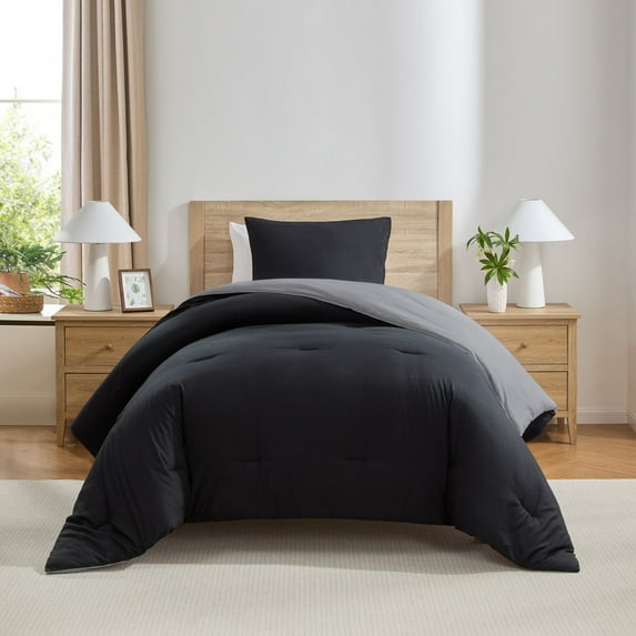 Virtu Comforter Sets, All Season Lightweight Reversible Twin Comforter Sets, 2-Pc Bedding Sets, Black/Charcoal gray