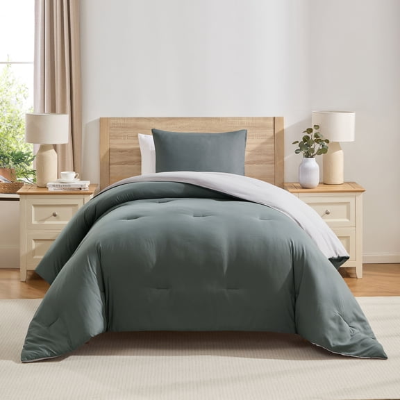 Virtu Comforter Sets, All Season Lightweight Reversible Twin Comforter Sets, 2-Pc Bedding Sets, Gentle Pine/Nimbus Cloud